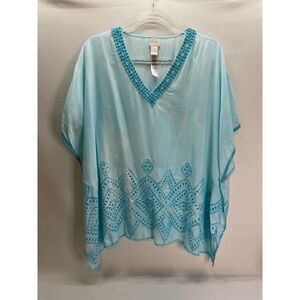 Chicos Blue Eyelet Lace Kimono Cover Up Loose Fit Size L/XL